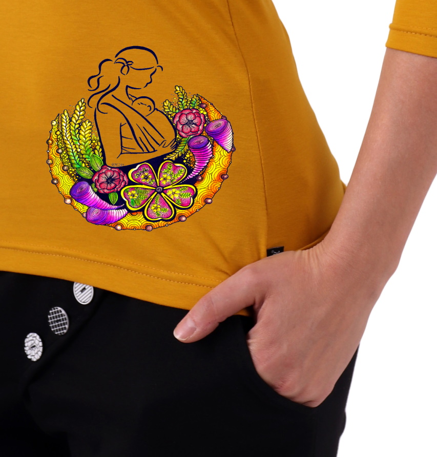 Kojící tričko hořčicové, motiv miminko v šátku